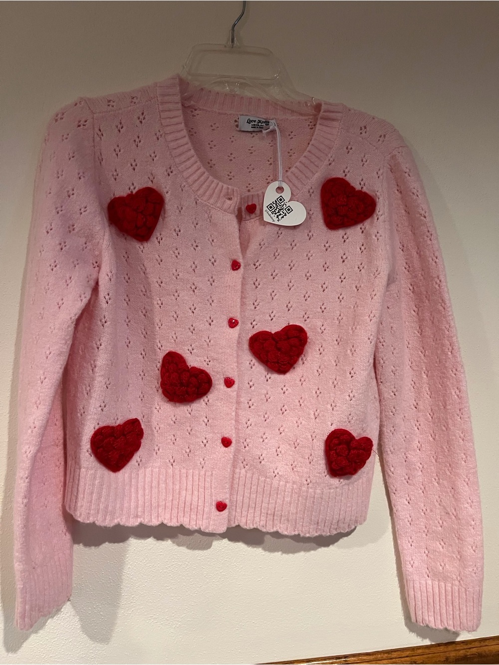 Heart-Appliqué Pink Button-Up Cardigan Sweater